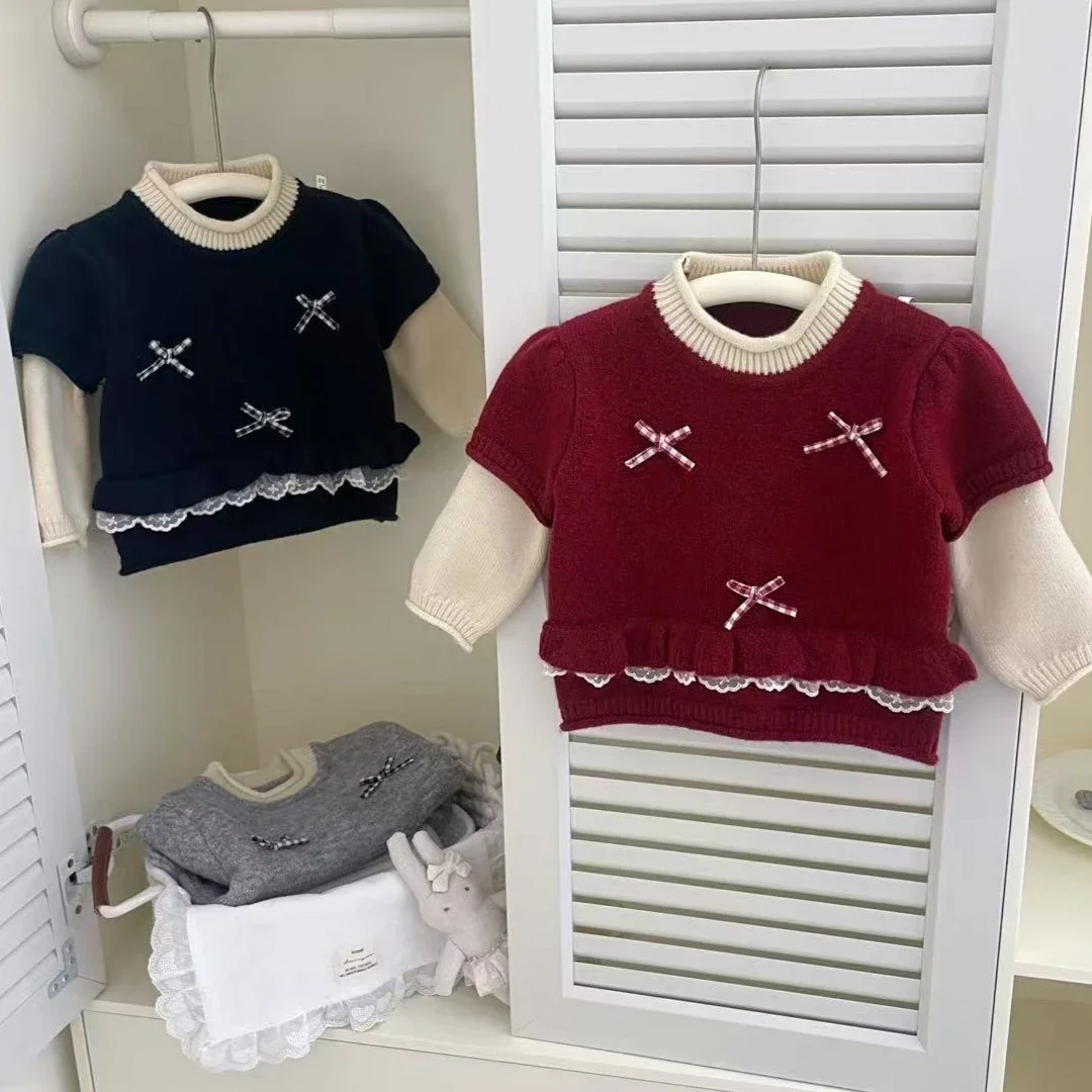 

Детский свитер для девочек, осень-зима 2025, новая коллекция, в корейском стиле, однотонный, с бантом, вязаный