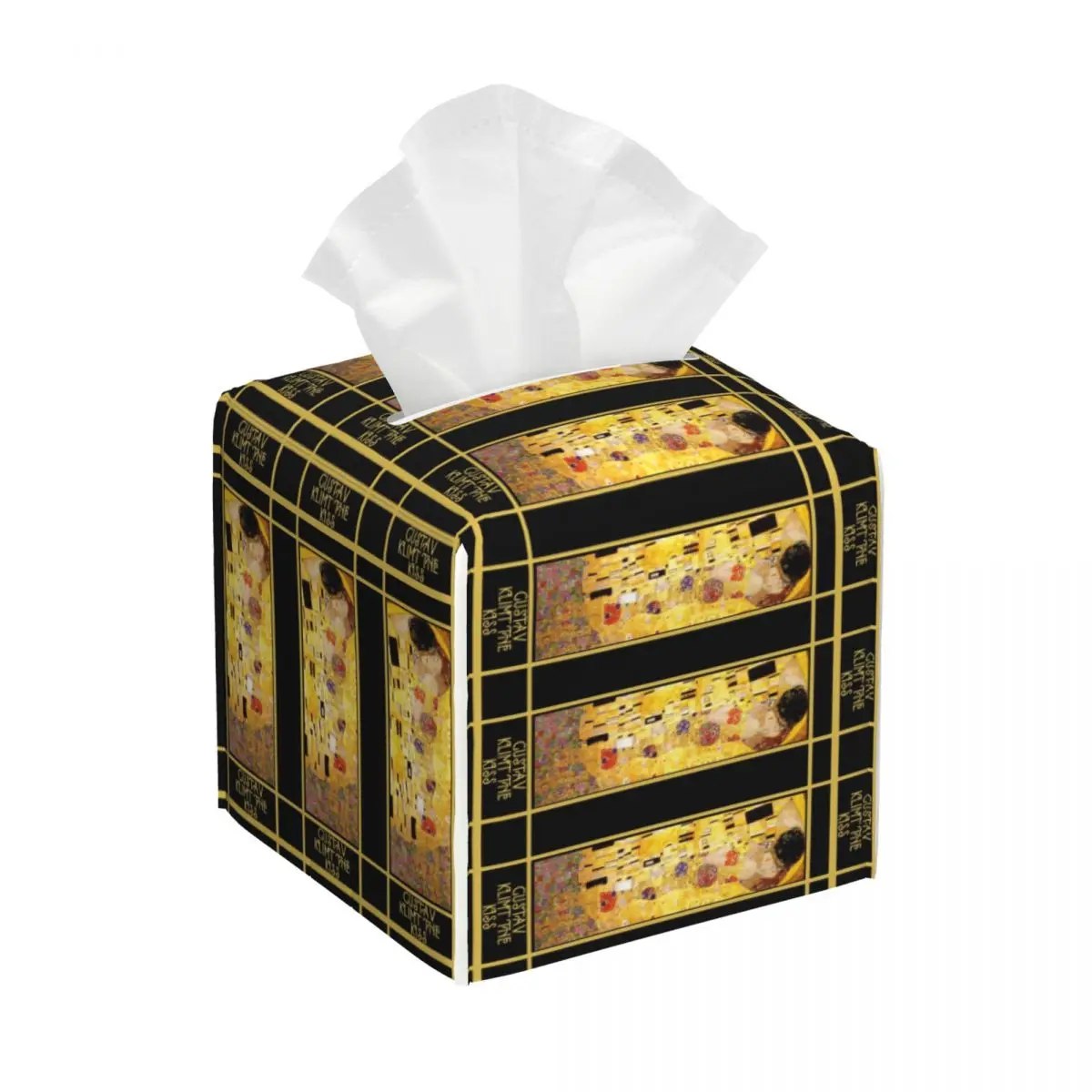 Custom Gustav Klimt The Kiss Tissue Box Holder Square Painting Art PU Leather Facial Tissue Box Cover for Car Office