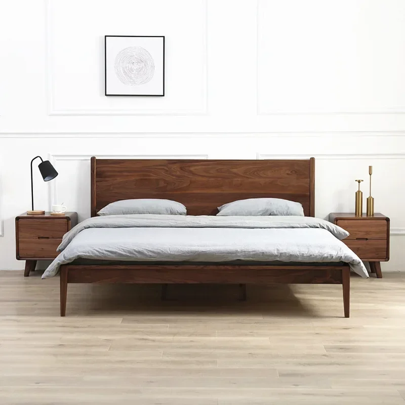 Nordic black walnut all solid wood double bed, white oak simple modern minimalist bedroom bed furniture