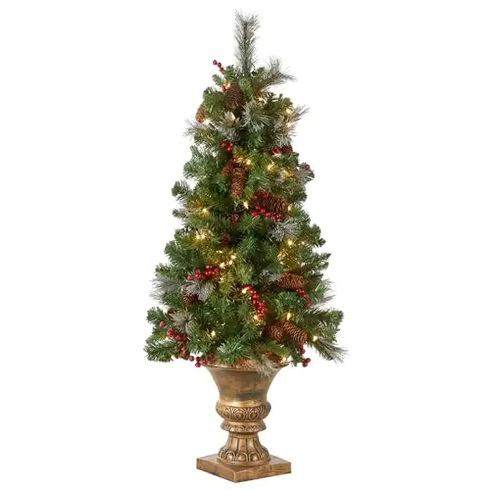 Artificial Green Christmas Tree Pre-Lit Mini Crestwood Spruce 4ft White Lights Pine Cones Berry Clusters