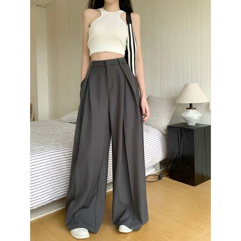 Damen-Hose mit hoher Taille und weitem Bein, lockere, bequeme Freizeithose mit Falten