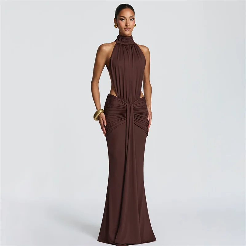 

Brown Prom Dress Sexy Halter Backless Sleeveless Ruffles Sheath Long Party Gown Casual Hot Girl Formal Guest Birthday Robe