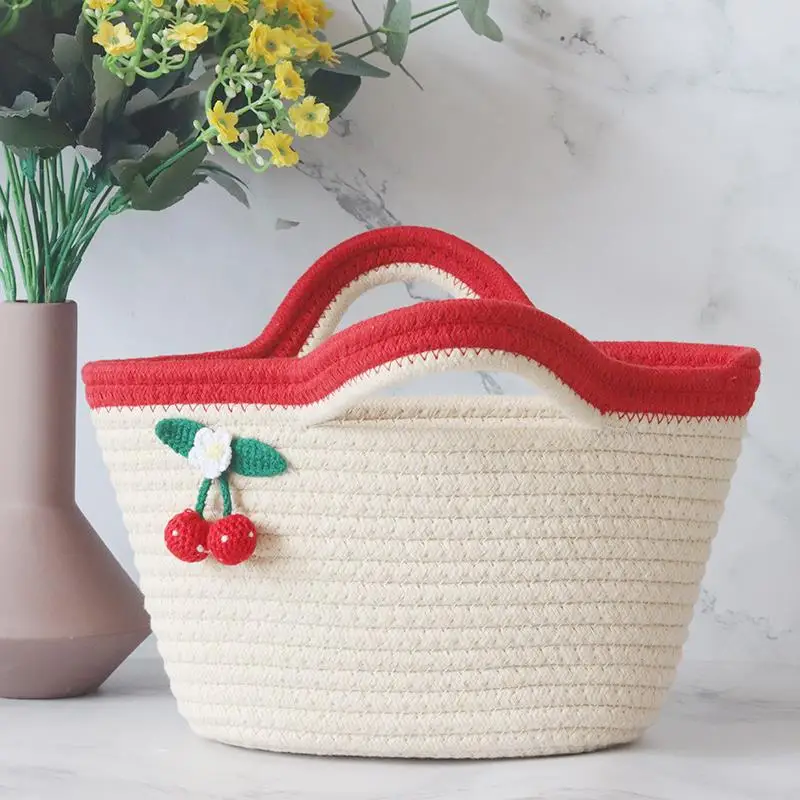 cute-little-cherry-handbag-women's-cotton-tead-woven-picnic-versatile-handheld-bag-cotton-rope-beach-holiday-beach-bag