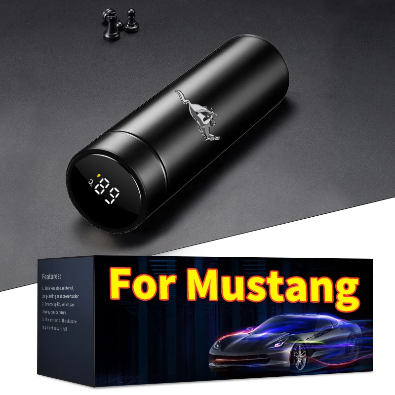 500ml Portable Car Logo Intelligent Stainless Steel Thermos Bottle For Mustang SHELBY GT 500 350 Convertible V Mach e Rainproof