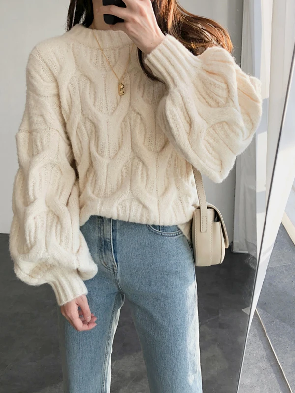 Suéter de Punto ueso Blanco para Mujer, Manga Farol, Estilo Hoado, Otoño Invierno, Nuevo Suéter Coreano Hoado con Cuell...