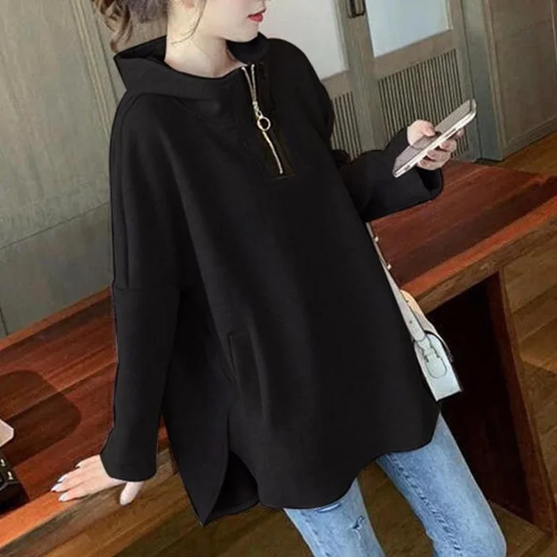 2024 New Spring and Autumn Fashion Stand Neck Zipper Casual Loose Oversize Mid Length Versatile Women's Hooded Sweater L65