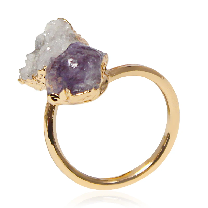 Druzy Crystal Amethyst Open Ring Golden Irregular Handmade Raw Stone Finger Jewelry Adjustable Size