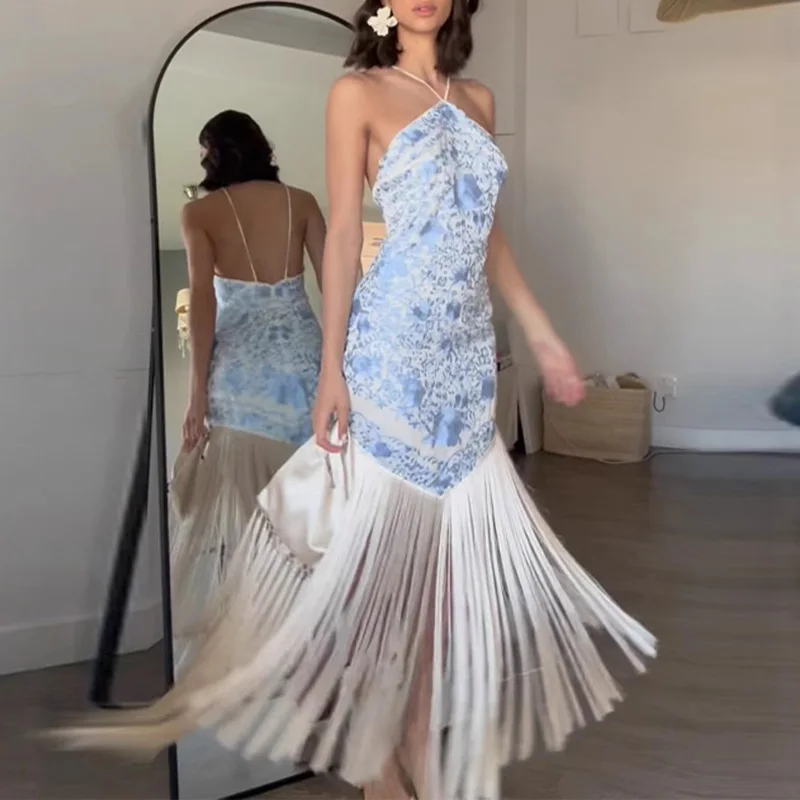 Woman Hollow Halter Sexy Party Dresses Summer Off Shoulder Backless Zips Boho French Style Print Spliced Tassel Long Dress