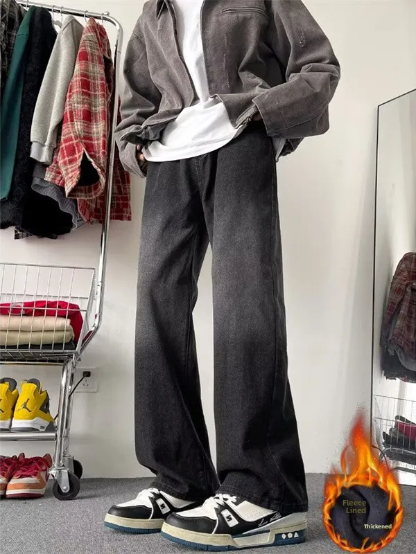 

Мужские джинсы на подкладке Fce, теплые прямые брюки для спецодежды, зимние винтажные американские драпированные удобные свободные брюки