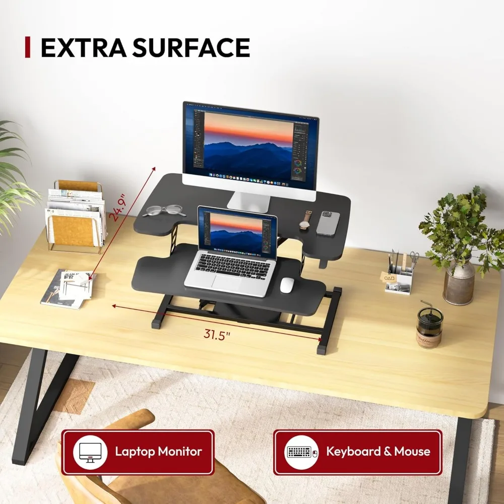 32" Height Adjustable Standing Desk Converter, Switch Sit to Stand Computer Office Riser with Wide Keyboard Tray, Black