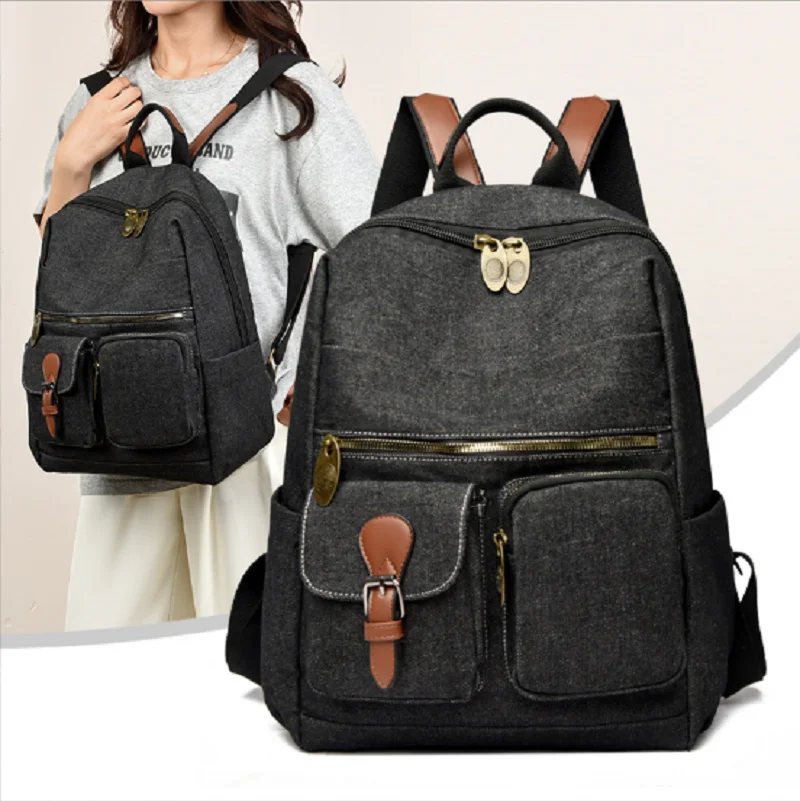 

2025 новые модные винтажные джинсовые дорожные рюкзаки большой вместимости, женские сумки на плечо с двойной молнией, школьная сумка в консервативном стиле