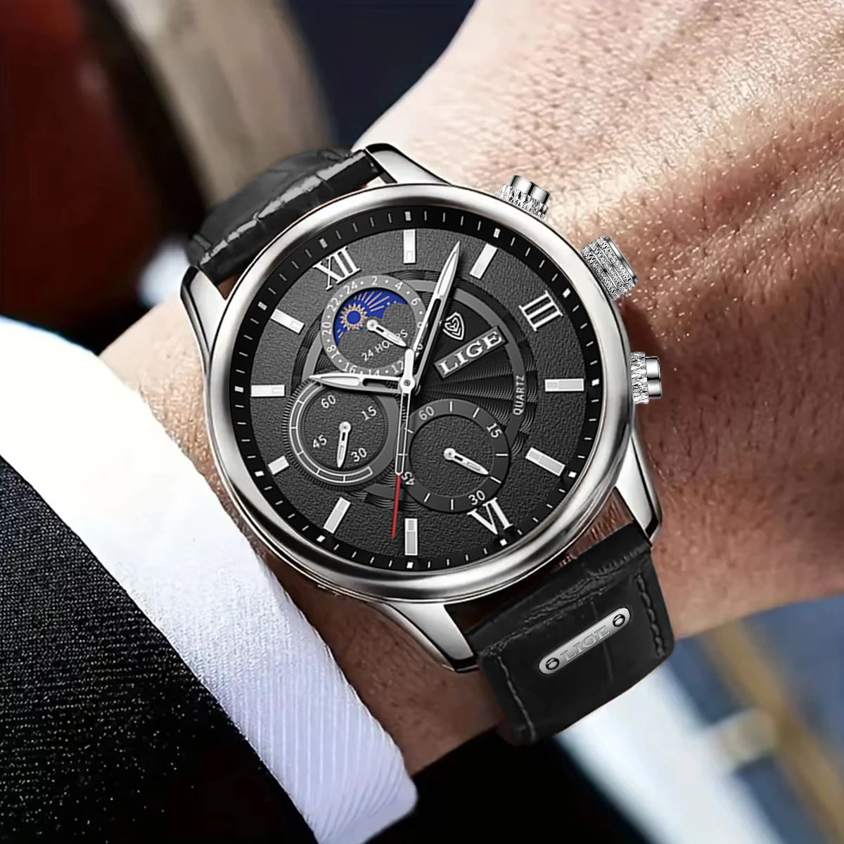 2026 LIGE Mens Watches Top Brand Luxury Clock Casual Leathe 24Hour Moon Phase Men Watch Sports Waterproof Quartz Chronograph+Box