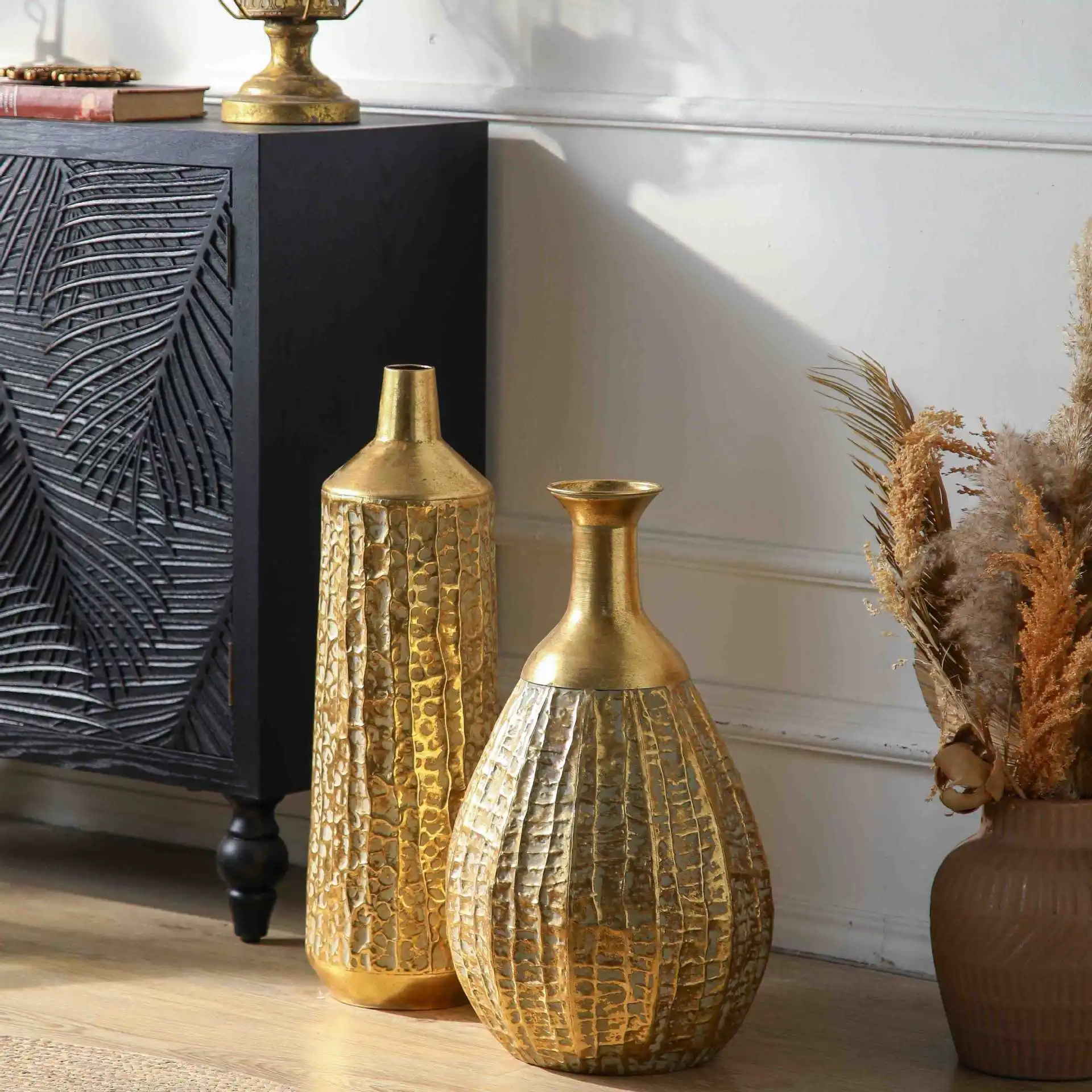 Antique Gold Iron Decorative Vase, Artisan Textured Metal Flower Vase, Luxury Tabletop Centerpiece, Global Style Home Decor