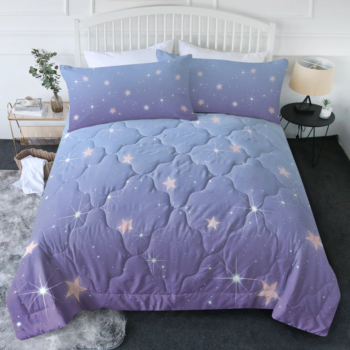 

BlessLiving Romantic Purple Sky with Shining Stars Printed Comforter Set for Girls and Women Room Decor