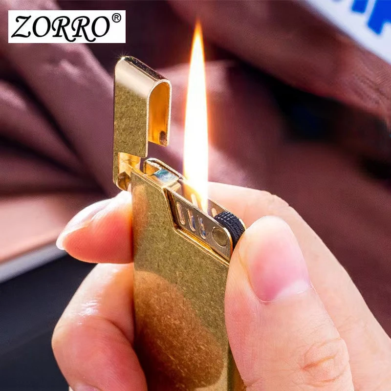 Original ZORRO Pure Copper Ultra-thin Inflatable Lighter Open Fire Butane Grinding Wheel Cigarette Lighter Accessories Gadgets