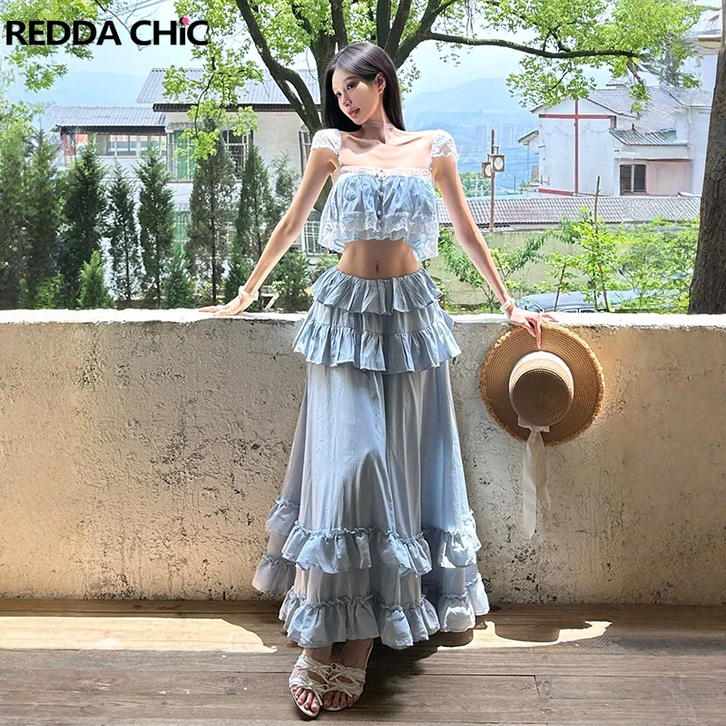 

ReddaChic Women Camisole Maxi Skirt Matching Set Elegant Ruffle Tiered Skirt Button Front Lace Cropped Top Beach Summer Clothes