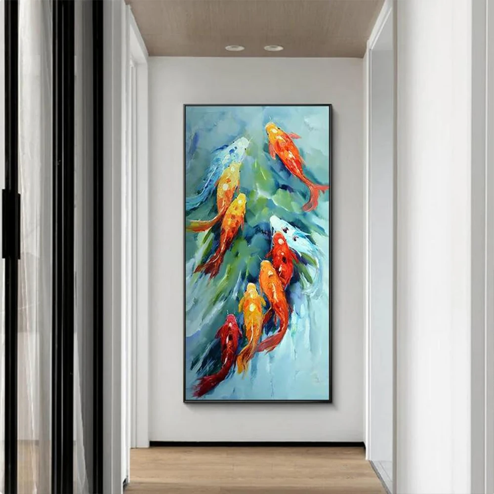 Hand-Painted Abstract Fish Oil Painting Green Water with Koi Modern Minimalist Wall Art for Living Room Entryway Dining Room