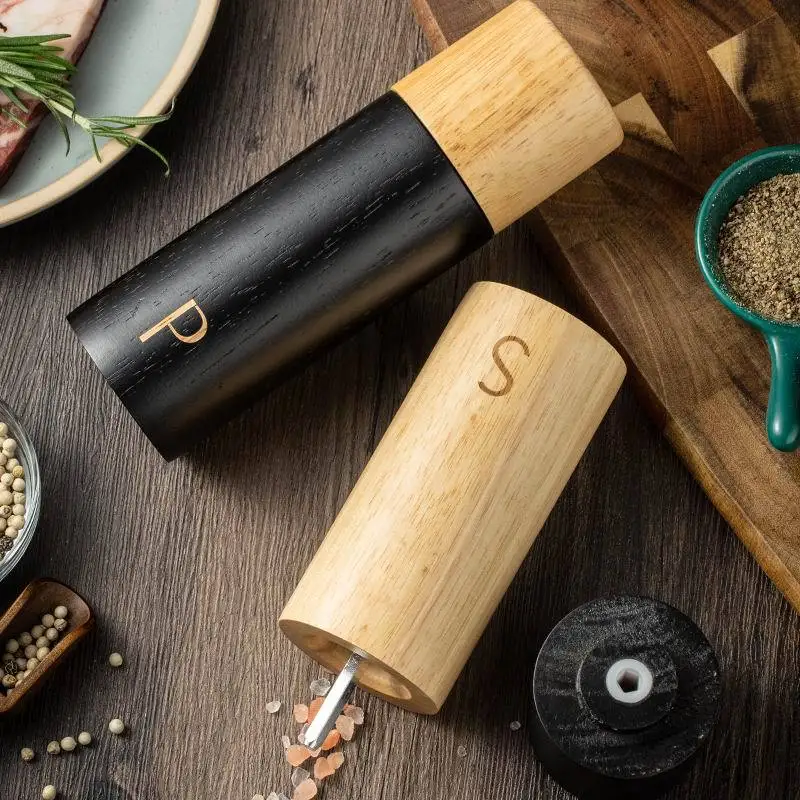 7-inch Wooden Salt and Pepper Grinder Set,Refillable and Matching Spice Mill,Wood Tray,Manual Salt Pepper Shakers Set,S-P label