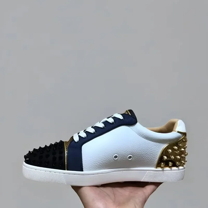 Luxury Low Top Red Bottom Shoes For Men Trainers Spiked White Lychee Genuine Leather Rivets Toecap Gold Heels Flats Sneaker