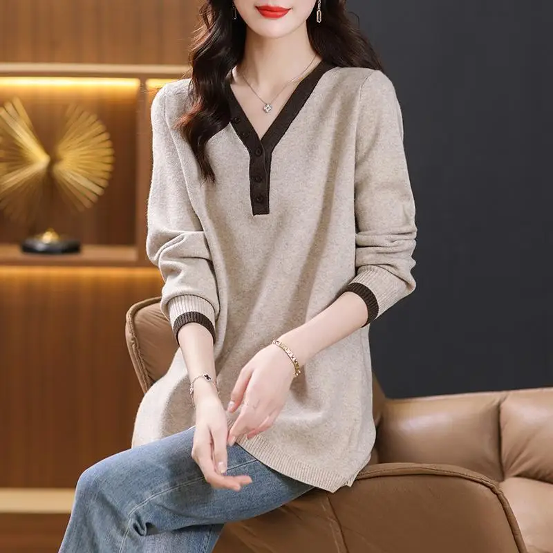 

New Autumn Winter Loose Women's Plus-size V-neck Base Shirt with Mid-length Sweater Trendy