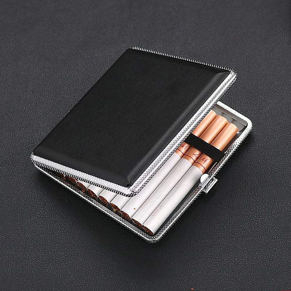 Cigarette Lady Storage Cover Holder 20 Sticks Gift for Men's Leather Cigarette Box Cigar Case Metal Leather Smoking Accessories