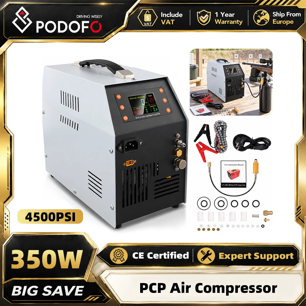 Podofo 4500Psi 30Mbar Compressore d'aria PCP 350W 220V/12V Pompa compressore d'aria con arresto automatico intelligente e display LCD, compressore ad alta pressione con sistema di raffreddamento ad