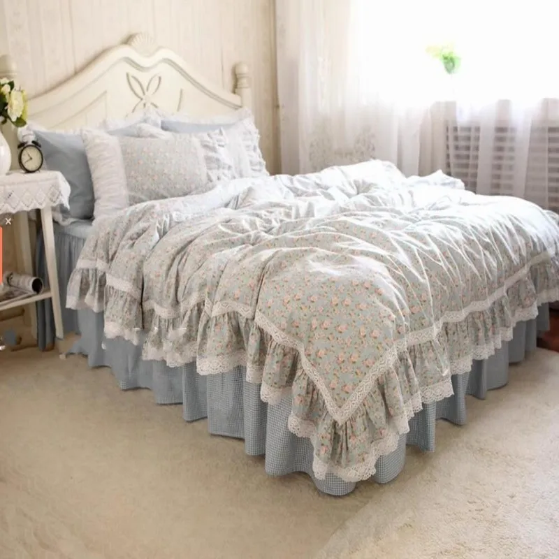 Pastoral Style Egyptian Cotton Bedding Set Luxury Flowers Printing Lace Princess Duvet Cover Bed Skirt Bedspread Pillowcases