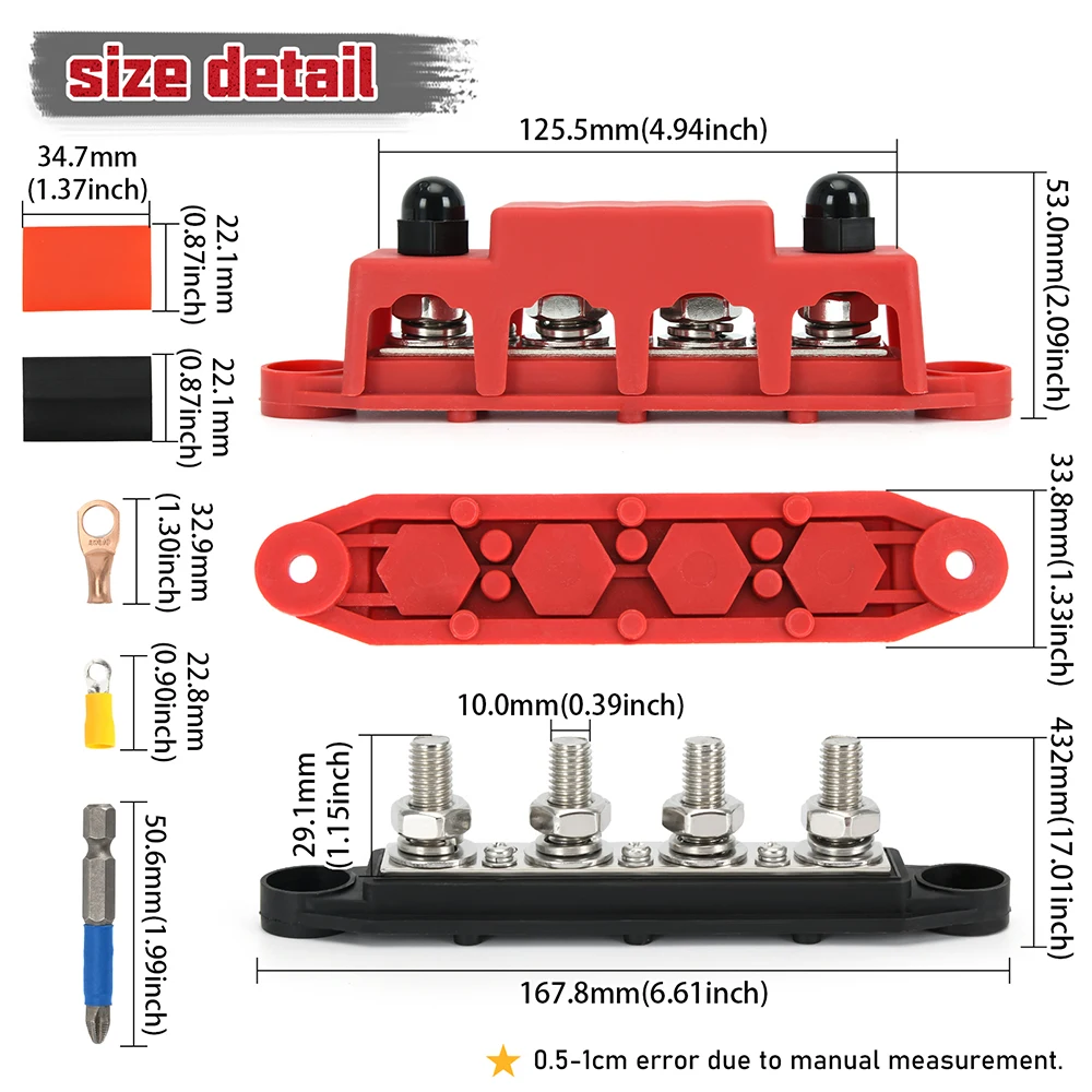 كتلة طرفية لبطارية شريط الحافلة 250 أمبير 12 فولت مع ترصيع 4 × 3/8 بوصة (M10) + 3xM4 ( # 8) براغي لأسلاك الطاقة الشمسية - سلبية وإيجابية