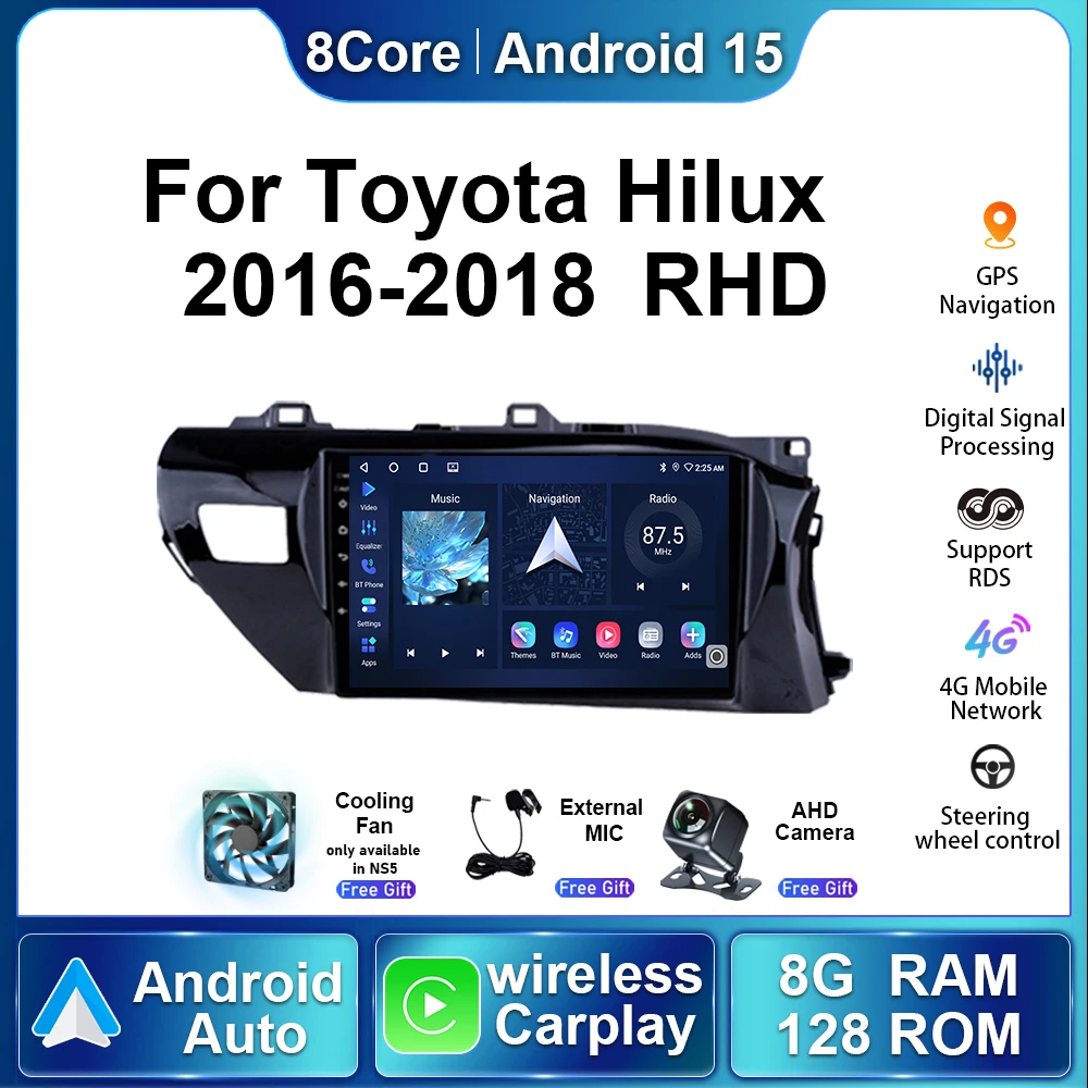 

8 + 128 авто беспроводной Carplay для Toyota Hilux 2016-2018 RHD Android15 автомобильный радиоприемник GPS мультимедийный DSP стерео видеоплеер навигация
