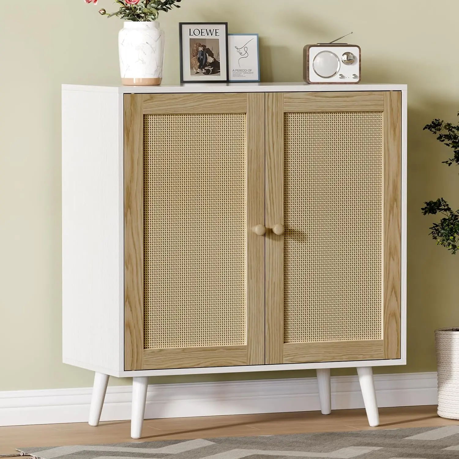 

Rattan Storage Cabinet, Small Sideboard Buffets Storage Cabinet with Doors for Kitchen & Entryway Storage, White