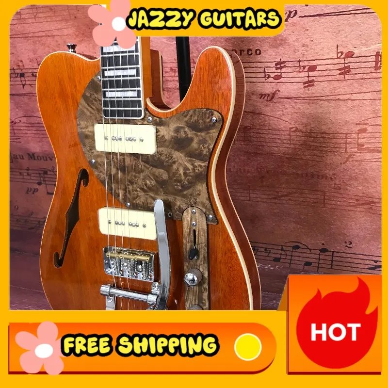 1968 Vintage Thinline TELE P90 Electric Guitar, Burl Wood Pickguard, P90 Pickups, Big Tremolo Rock Blues Performance Guitar