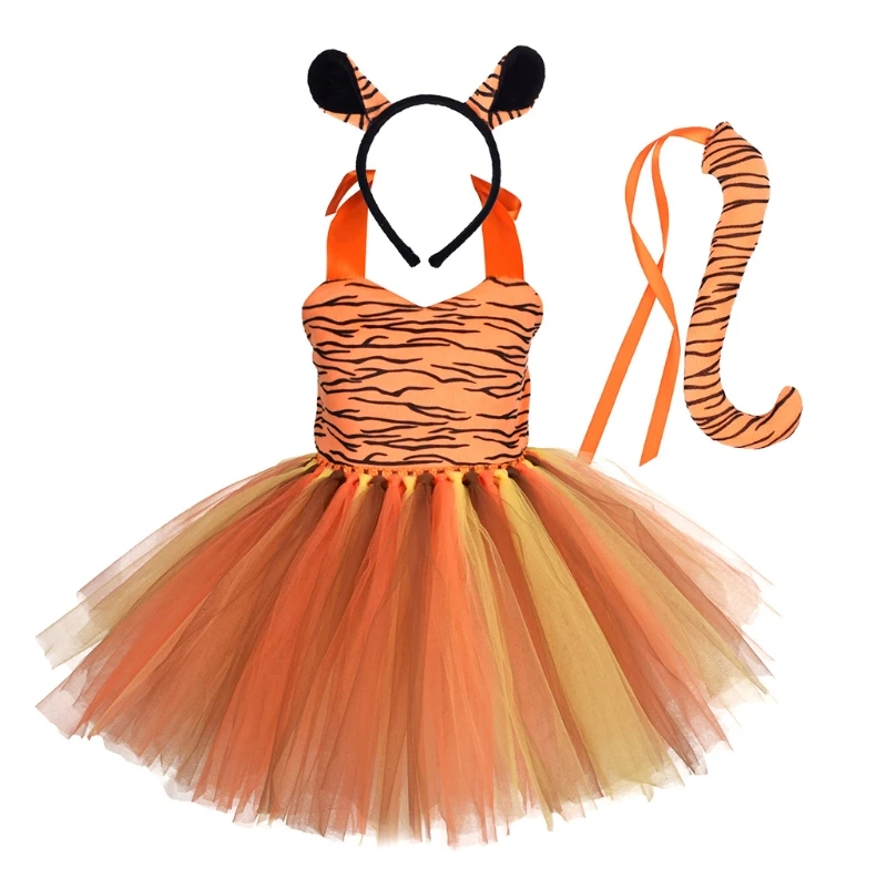 Tiger  Dress Animals Cosplay Costume Headband  Skirt Tail Bow Set Accessories Kids Children Girl Party Dress Up