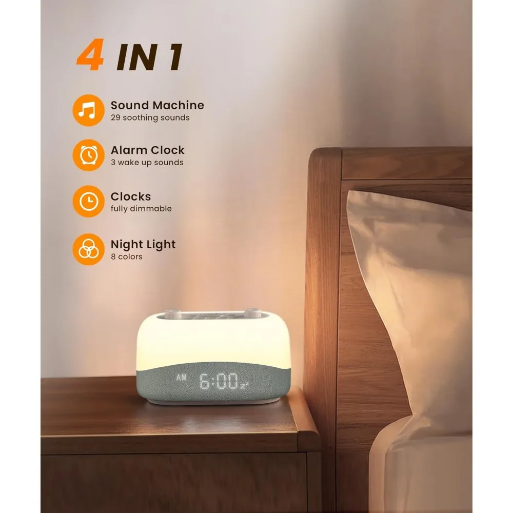 Sound Machine Alarm Clock - White Noise Sound Machine with 29 Soothing Sounds, Night Light, 0-100% Dimmable,Alarm Clock