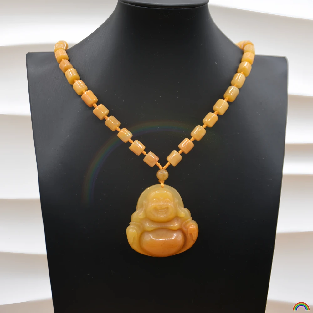 

Natural Yellow Dragon Jade Maitreya Buddha Pendant Big Belly Laughing Buddha Jade Sweater Chain Rwbuye Brand Design
