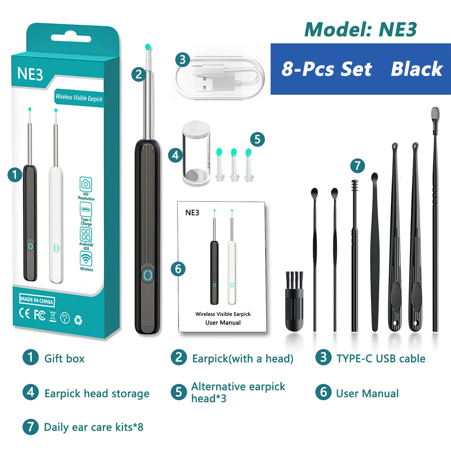 Slimme visuele oorreiniger HD Oorstokken Otoscoop USB C Opladen Endoscoop Wax Removal Tool Earpick MIni Camera Gezondheidszorgset