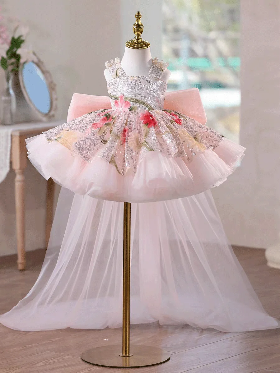 KLFGD Luxurious and elegant Festive dress for girl Sequin Dress for girls Children's birthday Prom dress New girl's tail dress