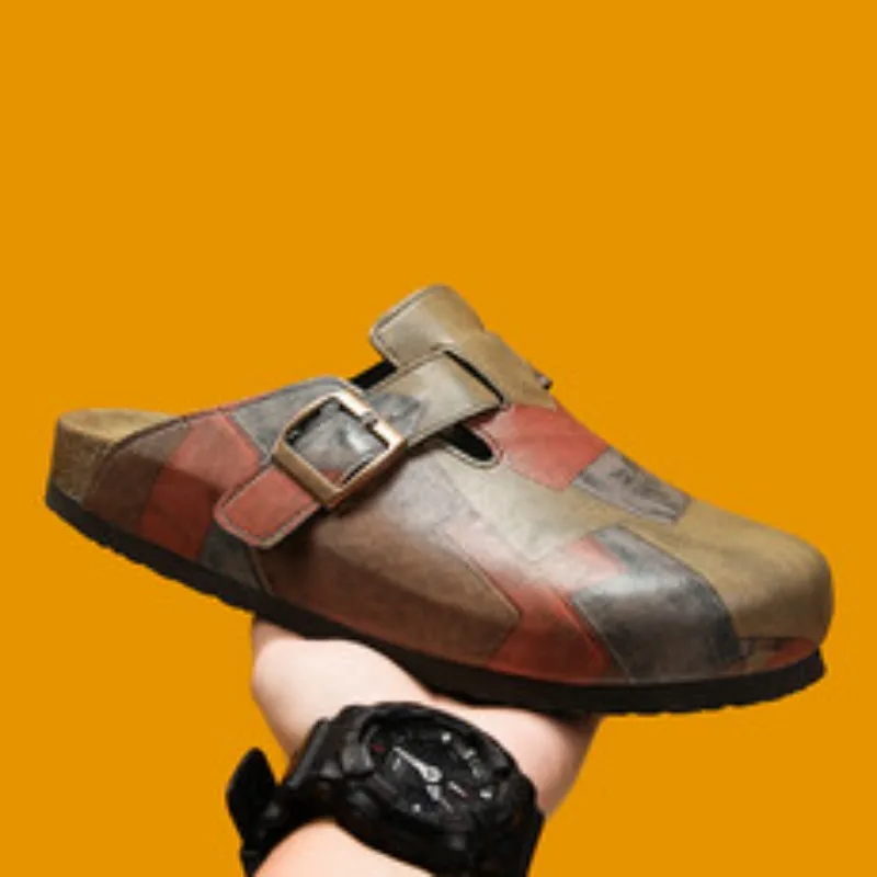 

Genuine Leather Cork Mules Slippers for Men Women Close Toe Slippers Home Shoes Clogs Vintage Muller Slippers with Arch Support