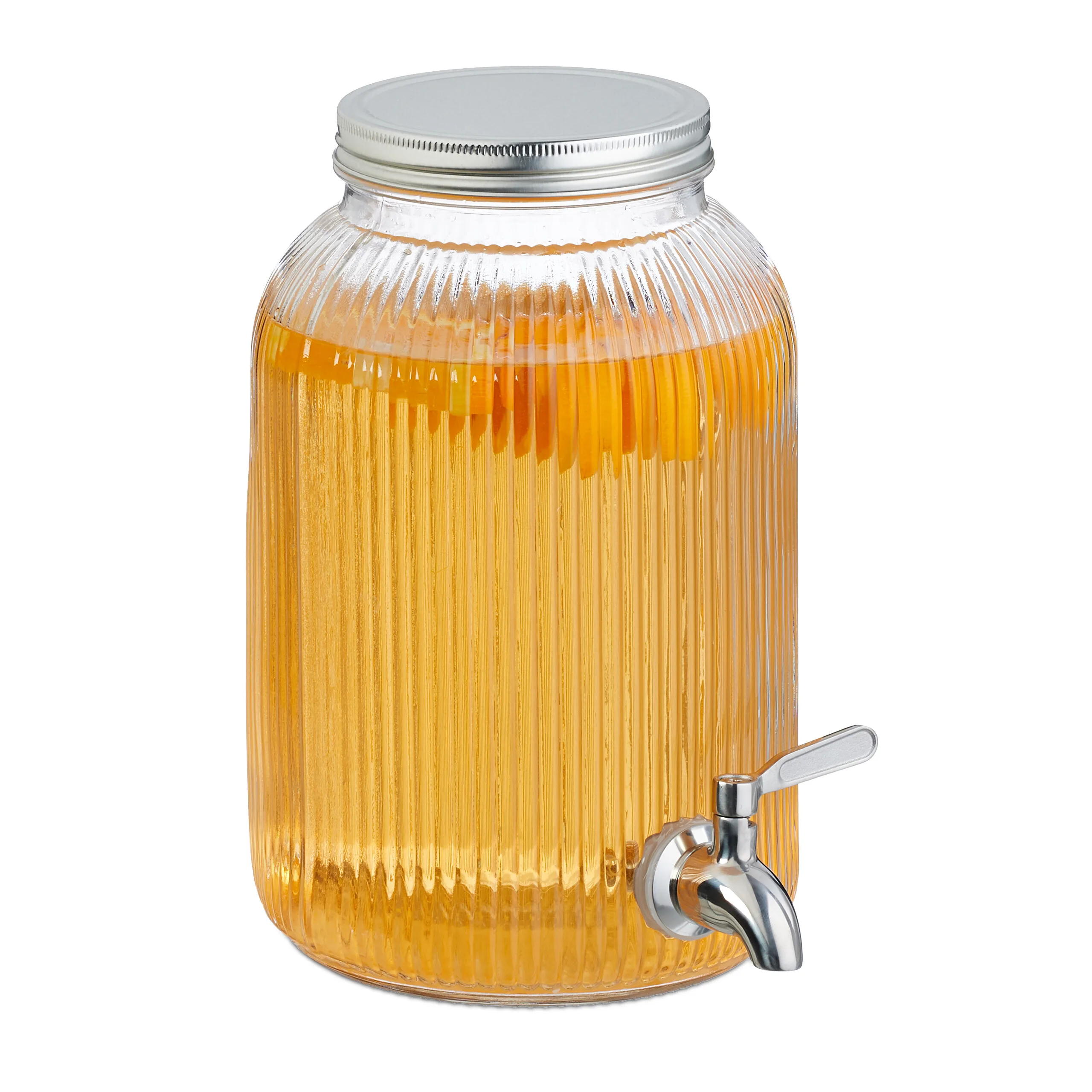 Distributeur de boissons, style vintage, pour bar et fêtes de jardin, 4 l, avec robinet et couvercle, verre, acier inoxydable, transparent, Relaxdays