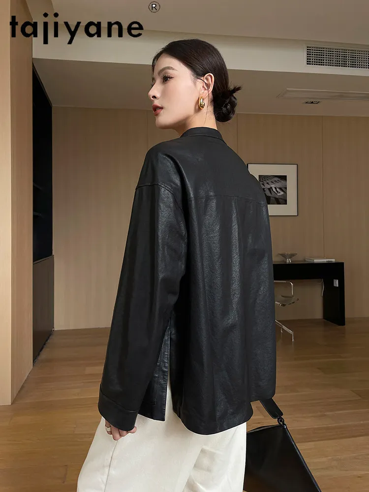 Jaquetas de Pele de Ovelha TAJIYANE, Casaco Estiloso com Botão em Nó, Jaqueta de Couro Genuíno para Mulheres, Roupas Femininas Outono 2025, дубленка женская
