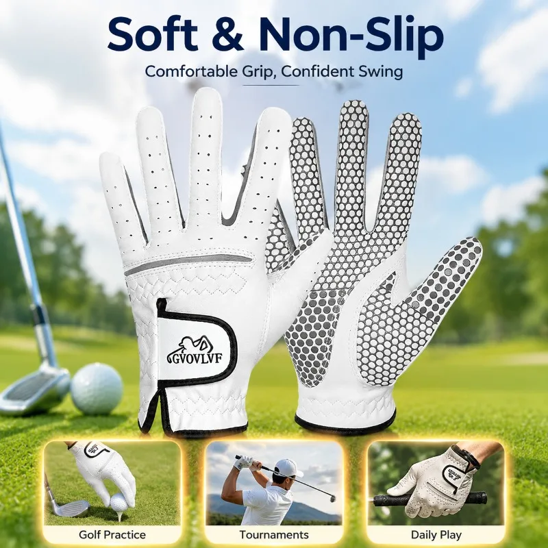 Herren-Golfhandschuhe aus echtem Schaffell mit Silikon-Anti-Rutsch-Pads, atmungsaktive, natürliche Lederpolster, die die Schwungreibung dämpfen, langlebig
