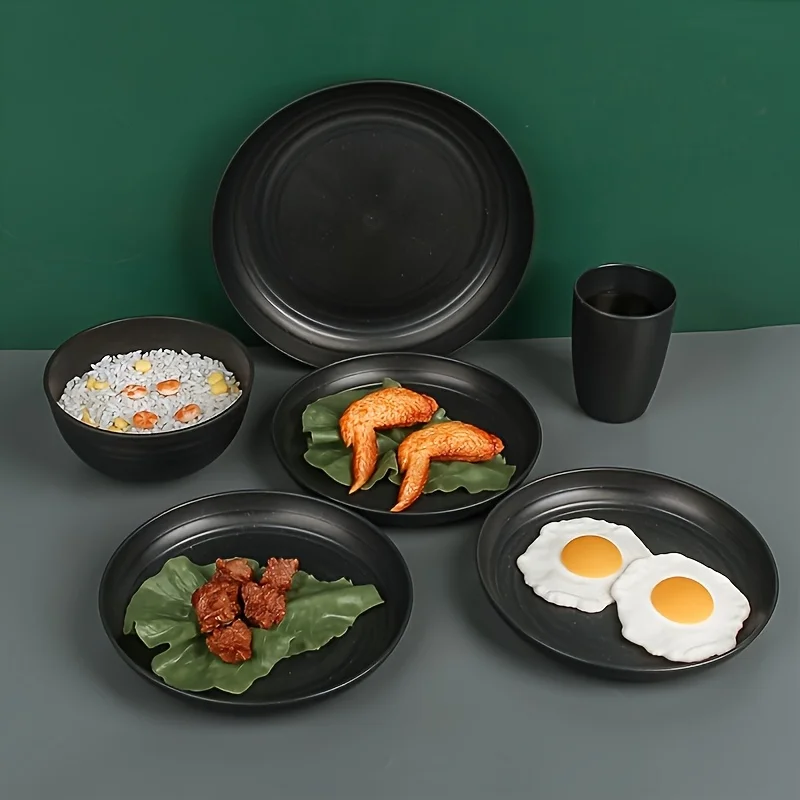 16pcs Unbreakable Tableware Set Shatterproof 8 Plates 4 Bowls 4 Cups Microwave Dishwasher Safe for Camping Daily Use Black