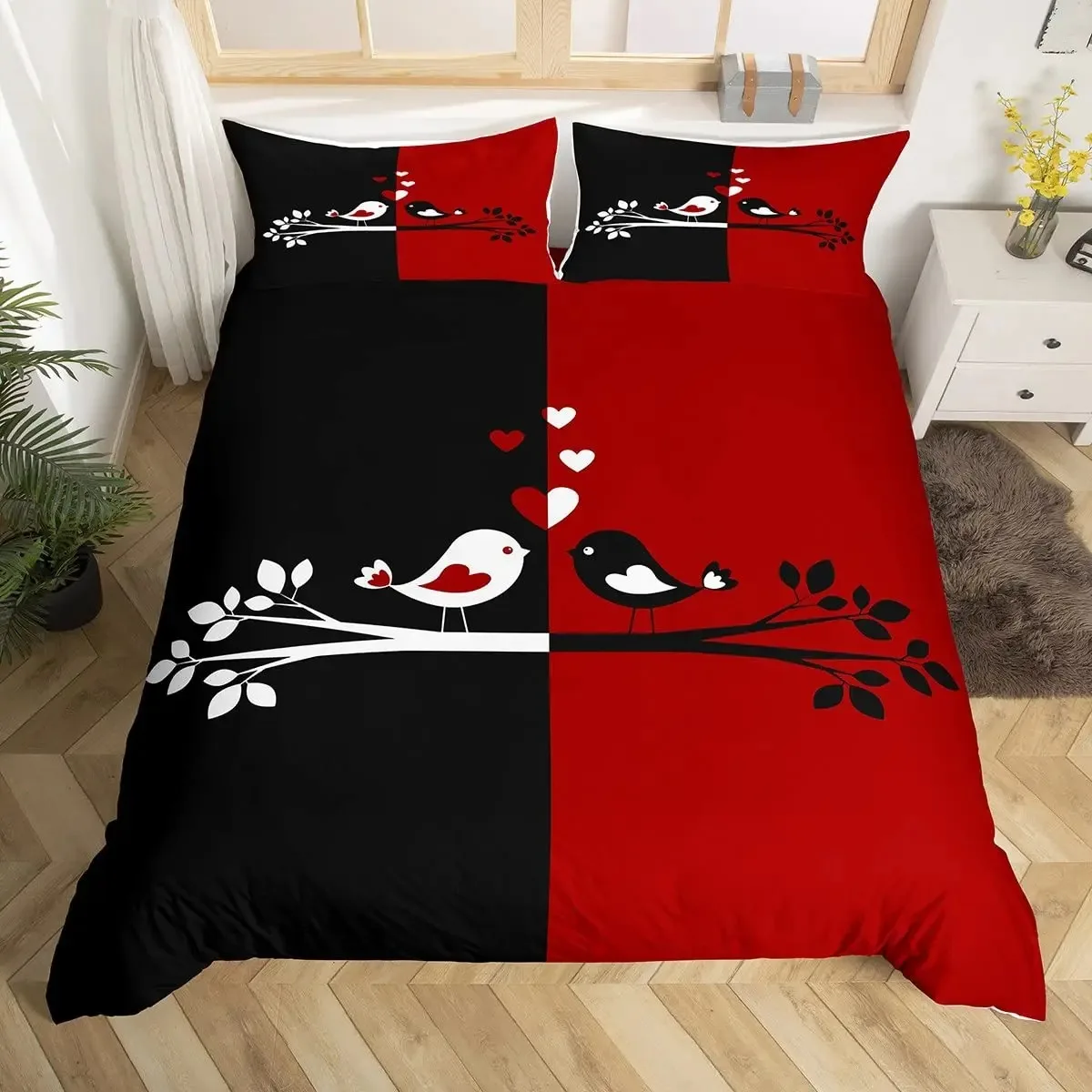 

Couples Birds Duvet Cover Queen Valentine'S Day Bedding Set Branches Animal Quilt Cover Red Black Lovers' Day Comforter Cover