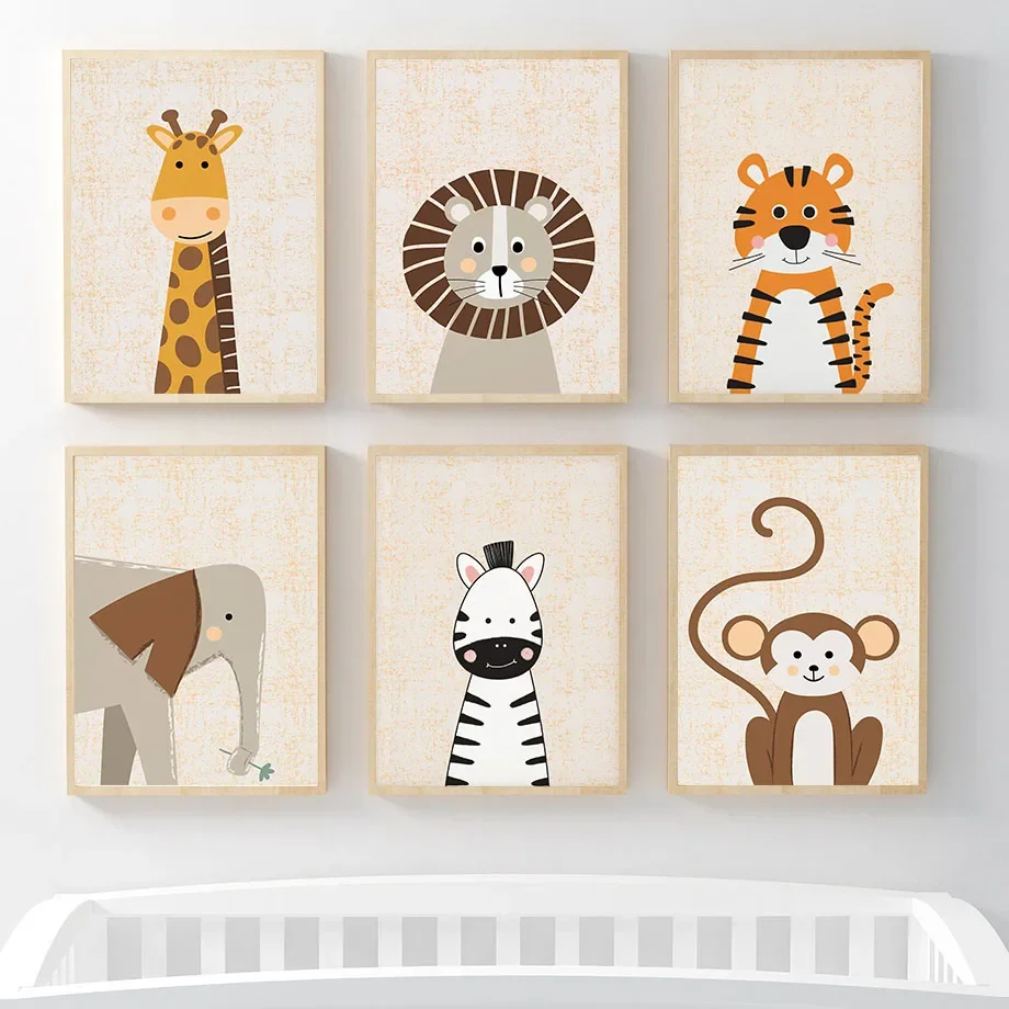 Multi-size 1PC frameless high-definition decorative paintings,Lion Giraffe Elephant Zebra Monkey Nursery Wall Art Canvas Paintin