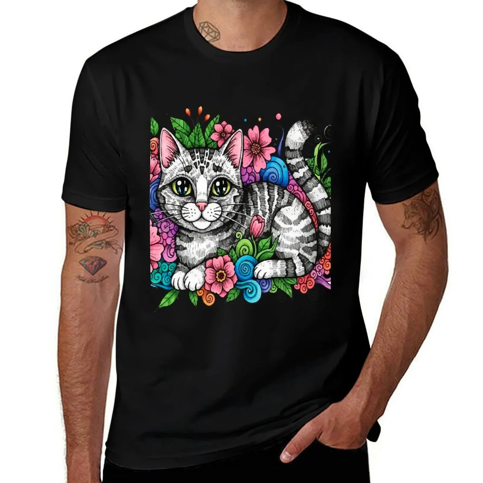 

Boho Illustration of a Charming Cat with Floral Patterns and Vibrant Colors T-Shirt anime plain men graphic t shirts