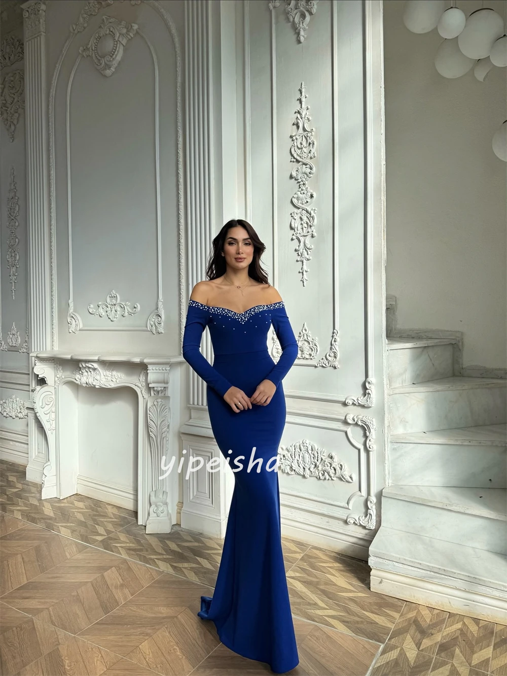 Customized Modern Style Simple Jersey Beading Pleat Mermaid Off-the-shoulder Long Dresses Bespoke Occasion Dresses High Quality