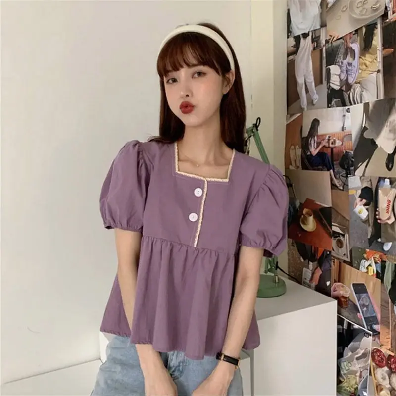 Babados camisas e blusas coreia puff manga curta topo feminino 2024 verão botão doce blusas bonito elegante sólido branco roupas