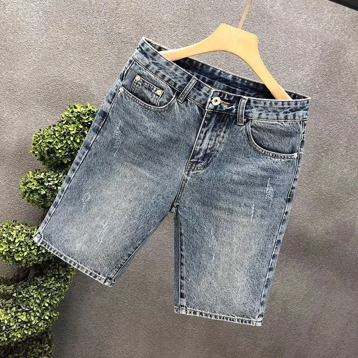 الرجعية الدنيم السراويل ضئيلة الصيف العصرية العلامة التجارية المتوسطة السراويل غسلها جديد الرجال بسيطة ومتعددة الاستخدامات العصرية الرجال السراويل رجل الجينز