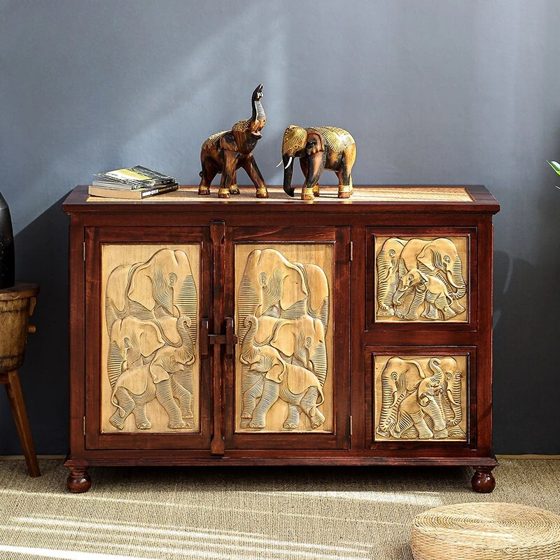 

Thai retro solid wood relief elephant entrance cabinet living room new Chinese locker Thai foyer decorative cabinet shoe cabinet