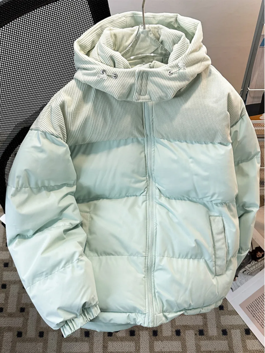 

Chic Corduroy Spliced Down Cotton-padded Jacket Men Winter Loose Thicken Casual Cotton Parkas Coat Outdoor Hooded Windbreak