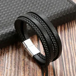 Punk Style High Quality Leather Hand-Woven Black Bracelets Jewelry Men Fashion Alloy Magnetic Buckle Bracelet Wholesale Gift